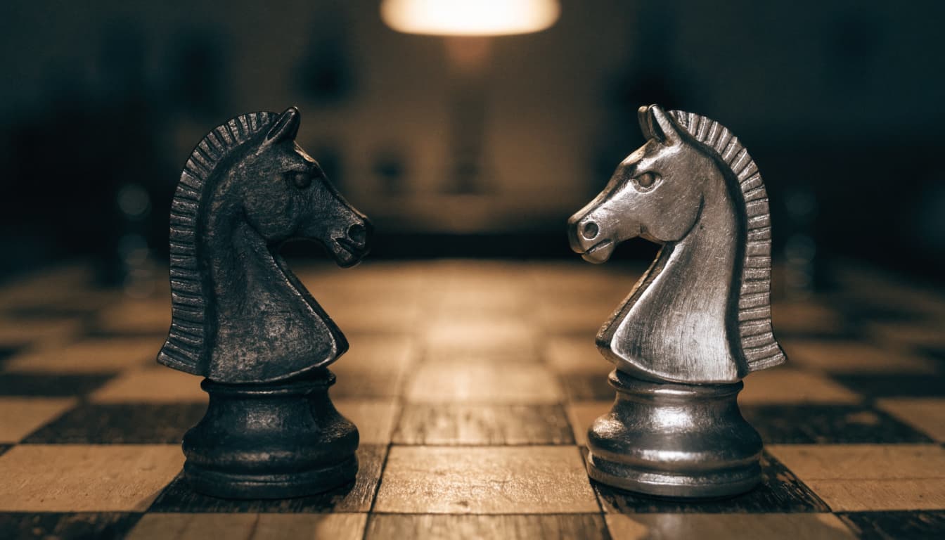 Two chess knights, one dark iron and one steel, facing off on a wooden board