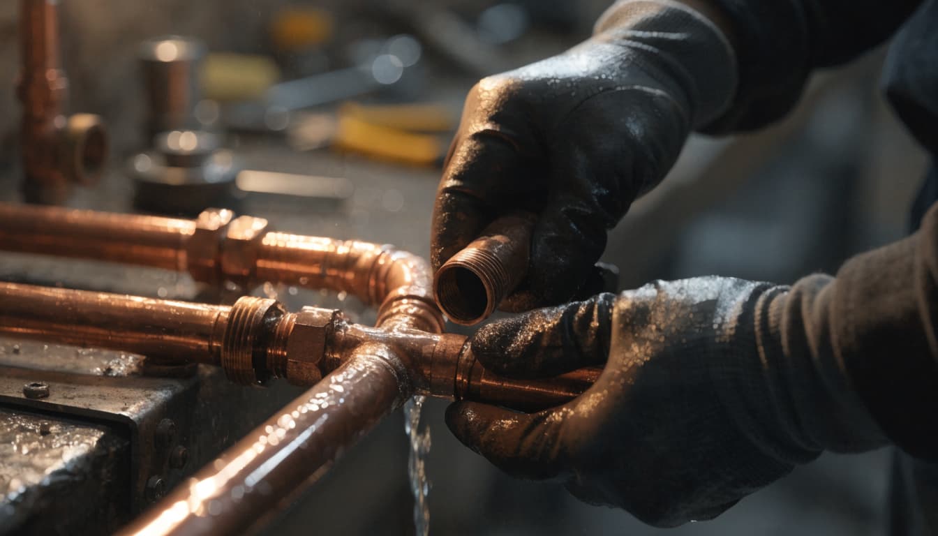 Gloved hands swapping a section of copper pipe while water keeps flowing