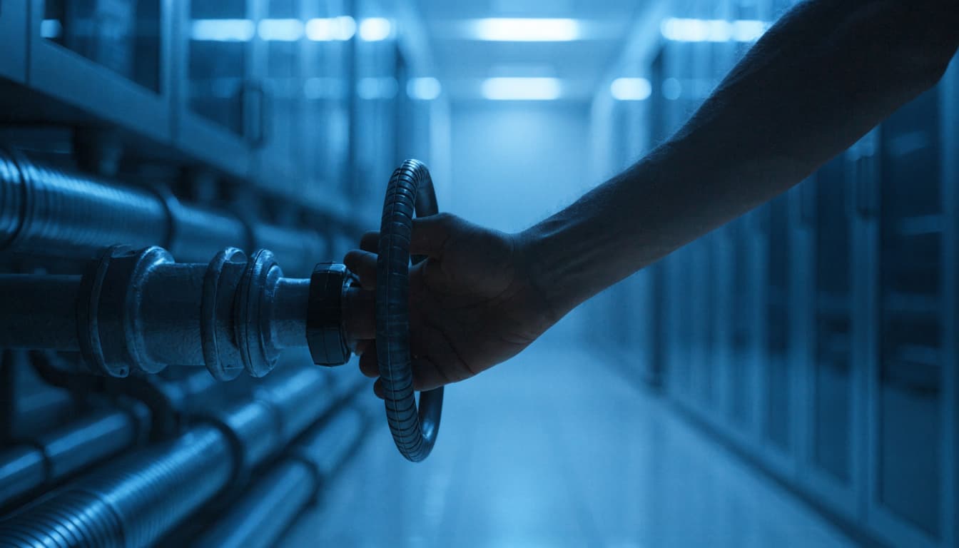 Technician's hands adjusting server rack cabling beside a laptop showing mail server logs at night