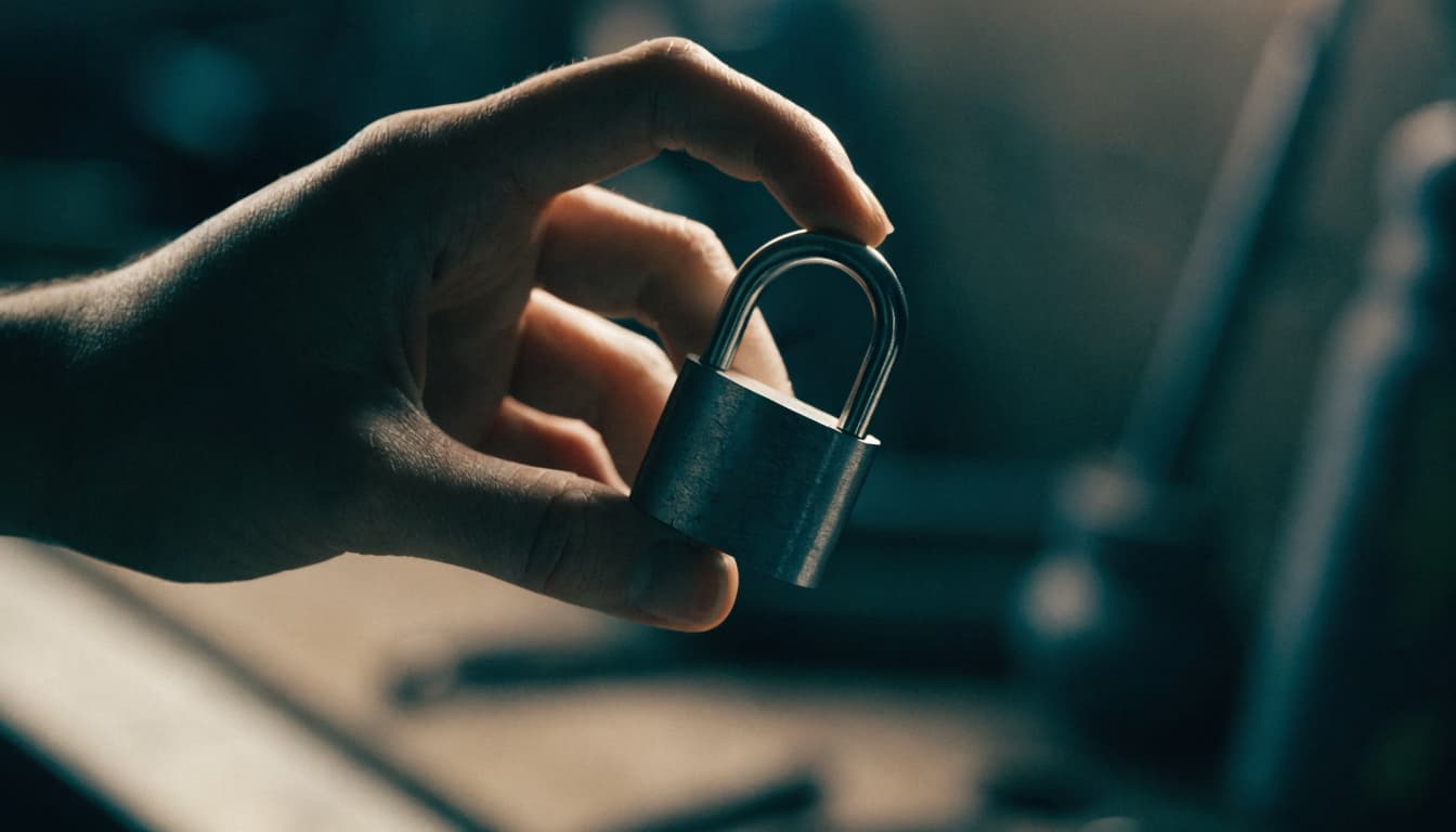 Open padlock beside a closed locked padlock on a desk next to a laptop showing DNS record text