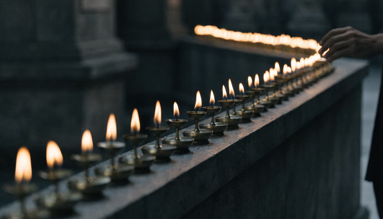 A long stone shelf of lit oil lamps, one hand tending a single flame