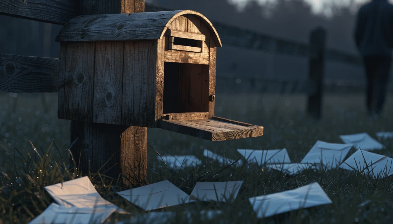 An open wooden mailbox at dusk with envelopes scattered in the grass below