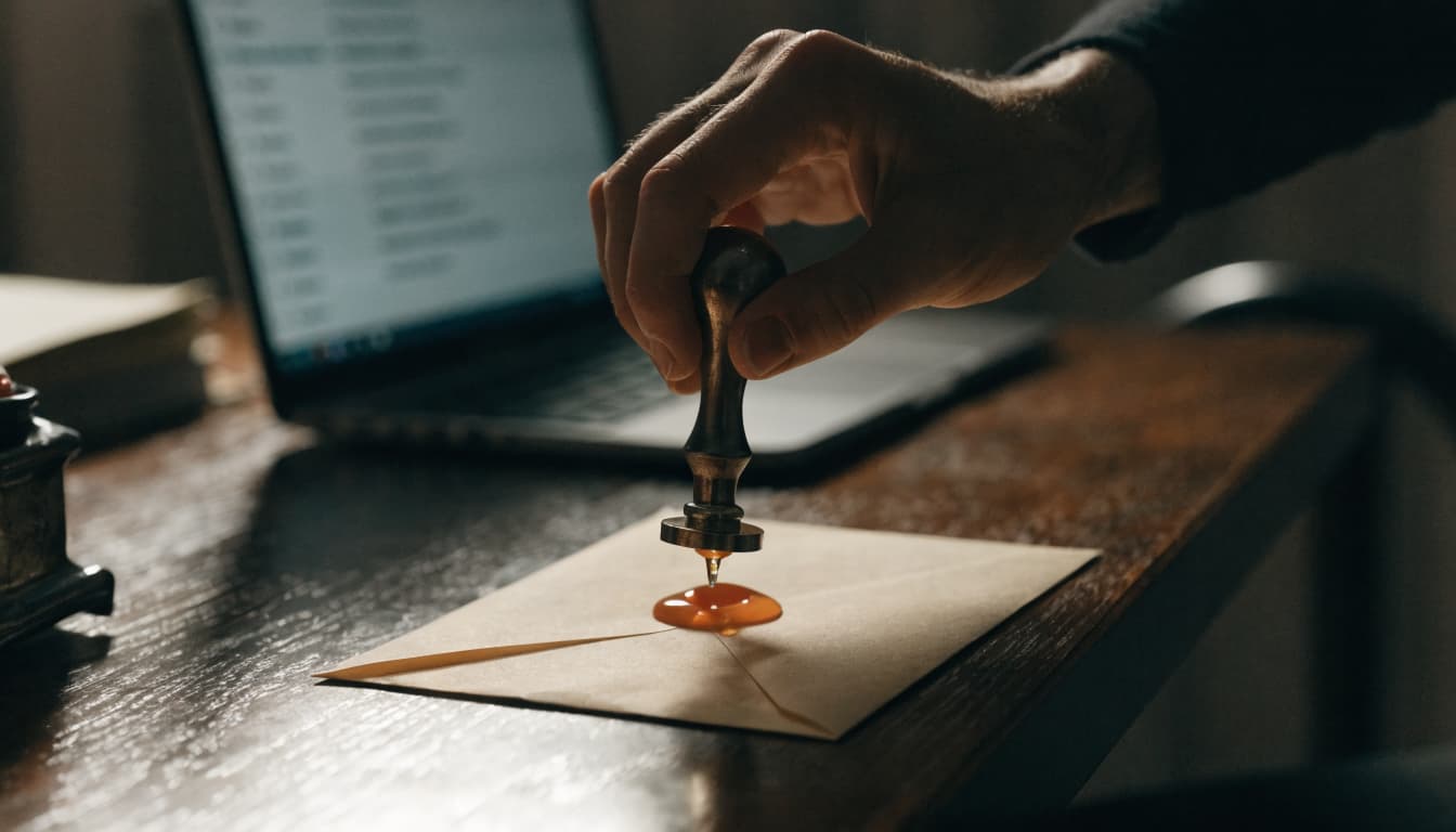 A wax seal pressed onto an envelope next to a laptop displaying an email inbox