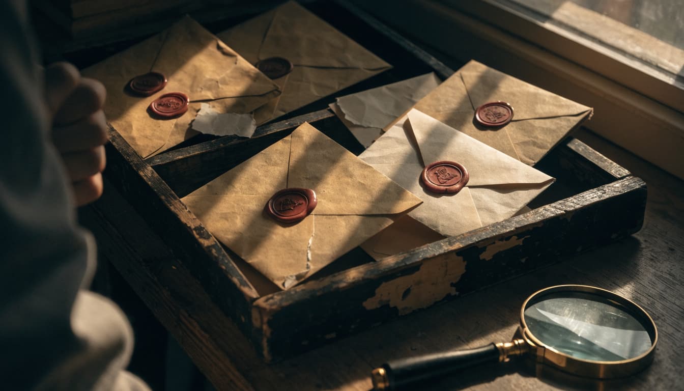 Envelopes with wax seals being inspected with a magnifying glass before sorting into a mail slot