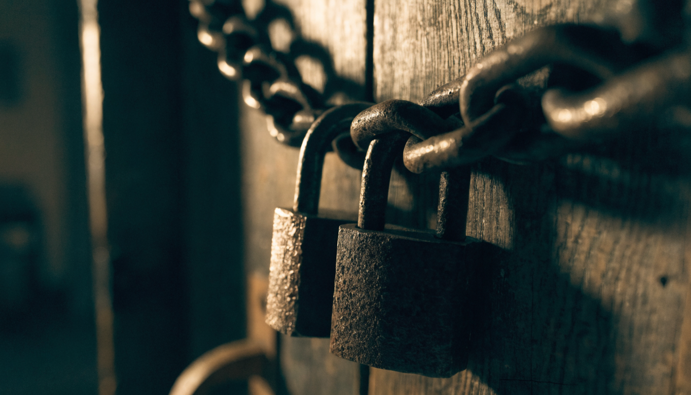 Two iron padlocks joined on one chain across a wooden door