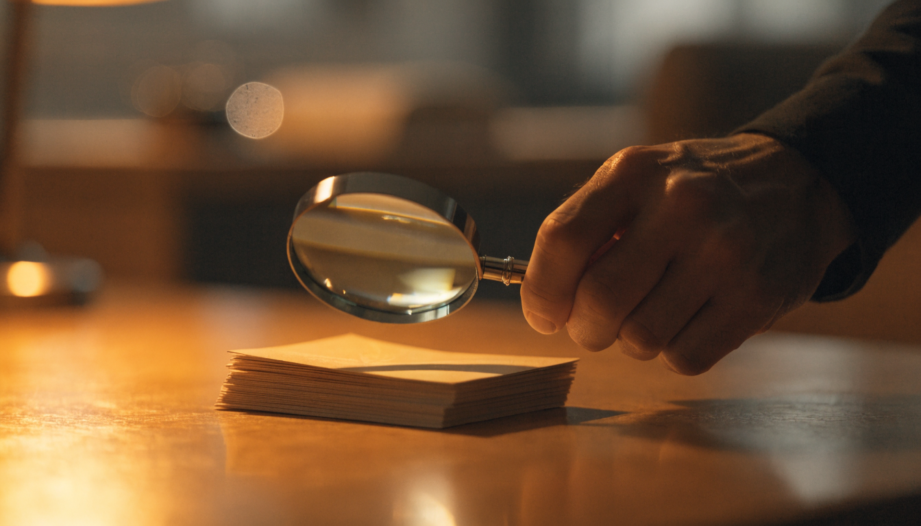 Magnifying glass over an open folder on a desk, symbolizing a closer look before a decision