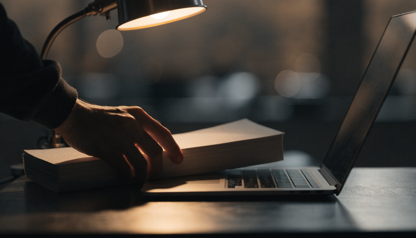 Printed monthly security report beside a laptop showing domain DNS records on a technician's desk